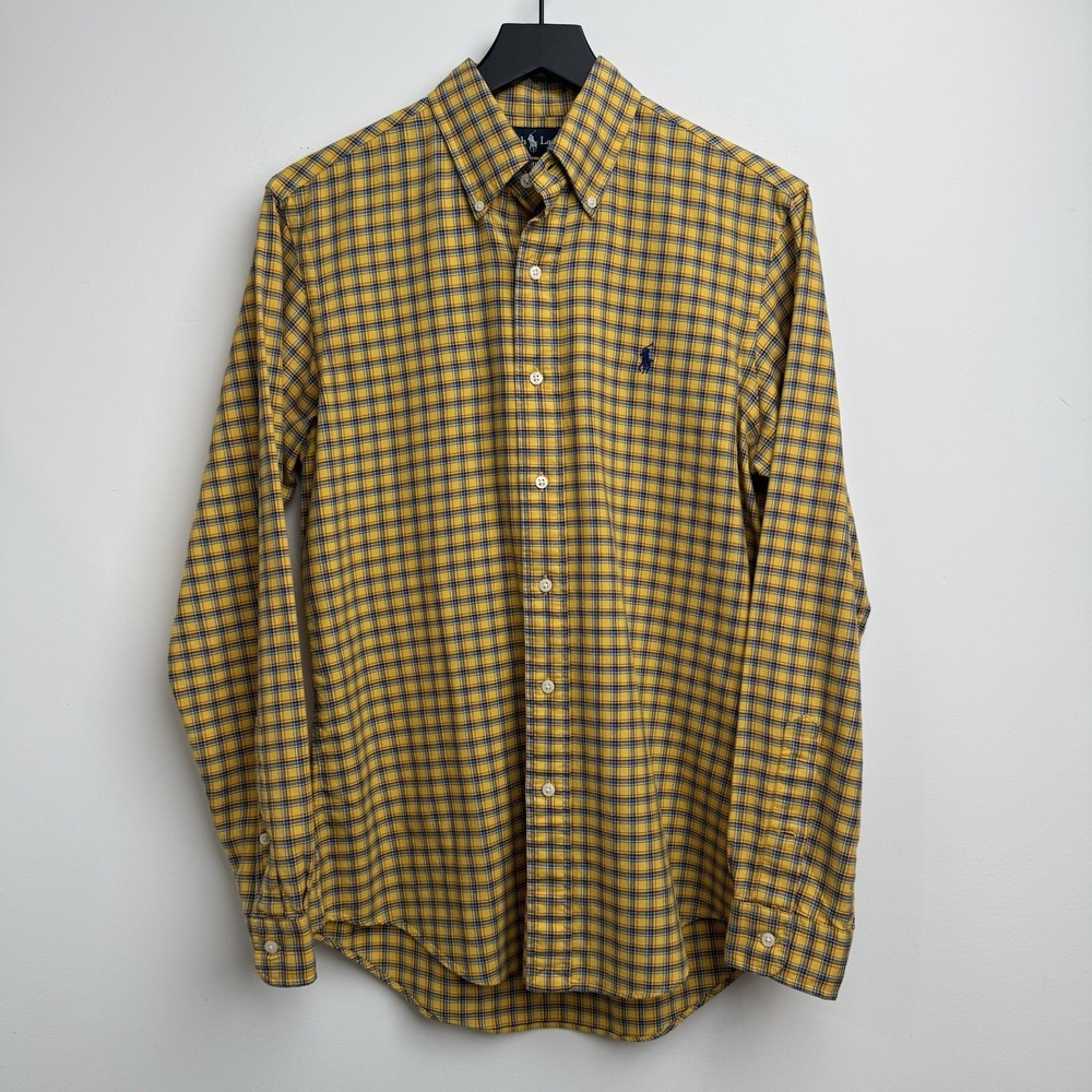 Ralph Lauren Button Down Shirt S Yellow Plaid Custom Fit Long Sleeve Casual Mens